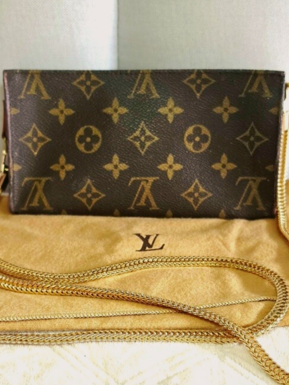 Auth Louis Vuitton Monogram Pouch With Added Chain